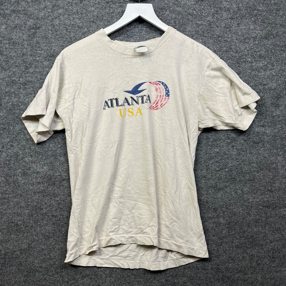 Vintage Fruit of the Loom Atlanta USA T-Shirt Men's Beige Single Stitch - Medium